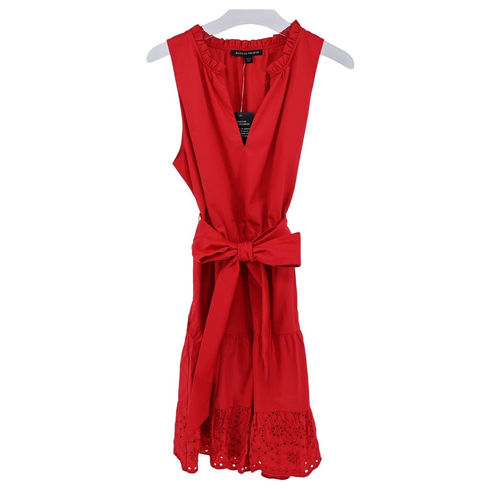 100% Cotton Boston Proper Eyelet Tiered Mini Dress M Red Sleeveless Poplin NWT